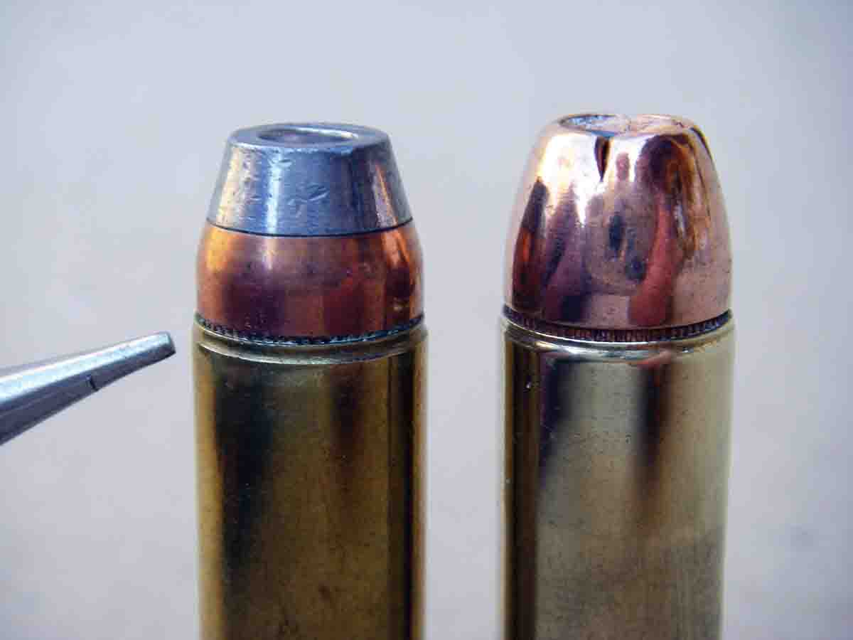 Early Freedom Arms factory loads (left) featured a neckdown crimp. However, many common roll crimp dies will not produce this type of crimp. The Hornady 300-grain XTP-MAG bullet (right) has a traditional roll crimp.
